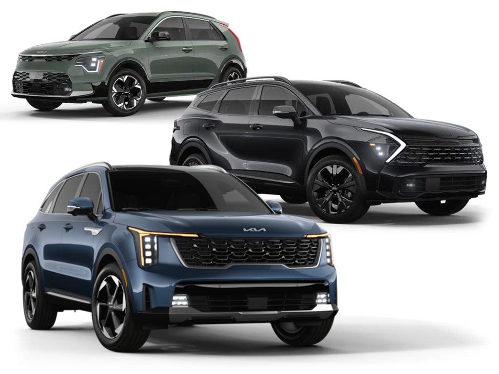 Three angled Kia Niro vehicles in white, blue, and green, layered diagonally on a clean white background, highlighting the model’s modern, compact crossover design.