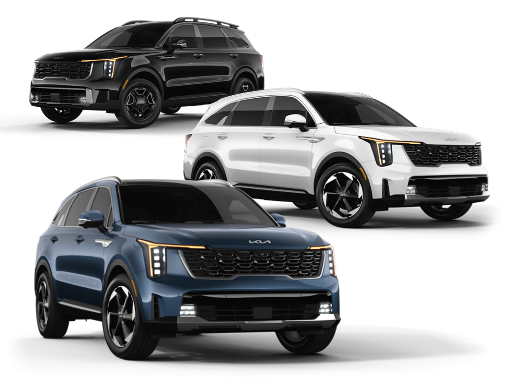 “Three 2025 Kia Sorento models in black, white, and blue shown on white background. Vehicles angled to display front and side profile styling.”