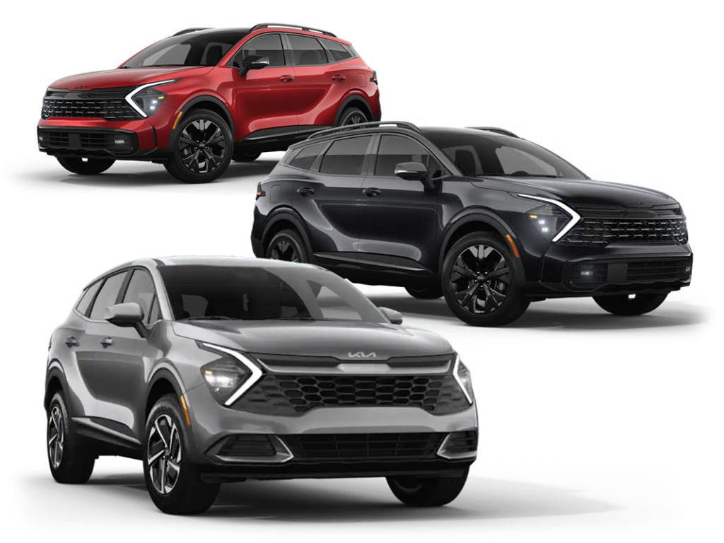 “Three 2025 Kia Sportage models in red, black, and grey displayed on white background, showcasing the vehicle's bold front grille and modern SUV styling.”