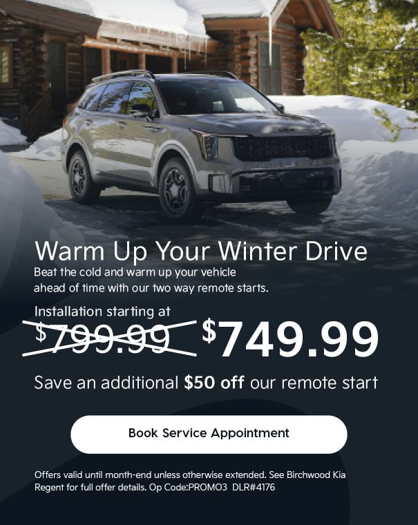 Winter promo ad showing a Kia Telluride by a snowy cabin, offering remote start install for $749.99 ($50 off). Includes booking button. SEO: Kia Telluride, remote start deal, winter car accessory, $749.99 install, Birchwood Kia offer.