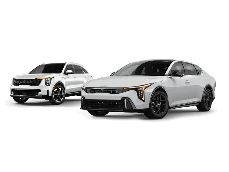 Two sleek white Kia vehicles on a white background — an SUV with vertical headlights on the left and a modern sedan with sharp, angular LED lights on the right. Both have black accents and tinted windows.