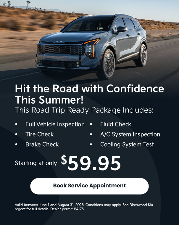 Blue Kia SUV driving on desert road with text advertising a $59.95 summer road trip vehicle inspection package.