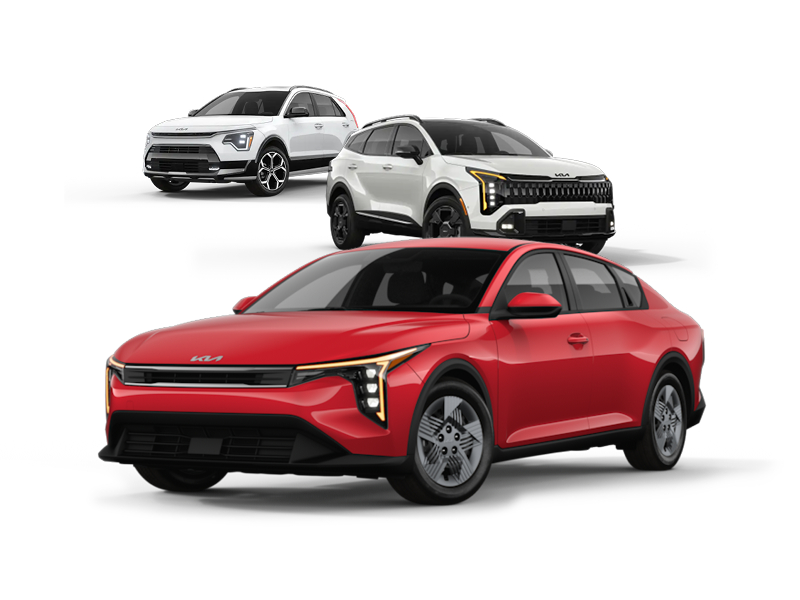 Three Kia vehicles on a clean background: red sedan in front with two white SUVs behind, modern lineup showcasing sedan and crossover models for automotive marketing
