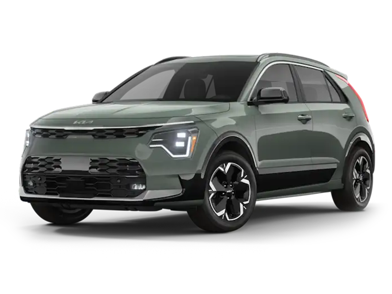 2026 Kia Sportage compact SUV in matte green with modern LED headlights and black trim, front three-quarter view.