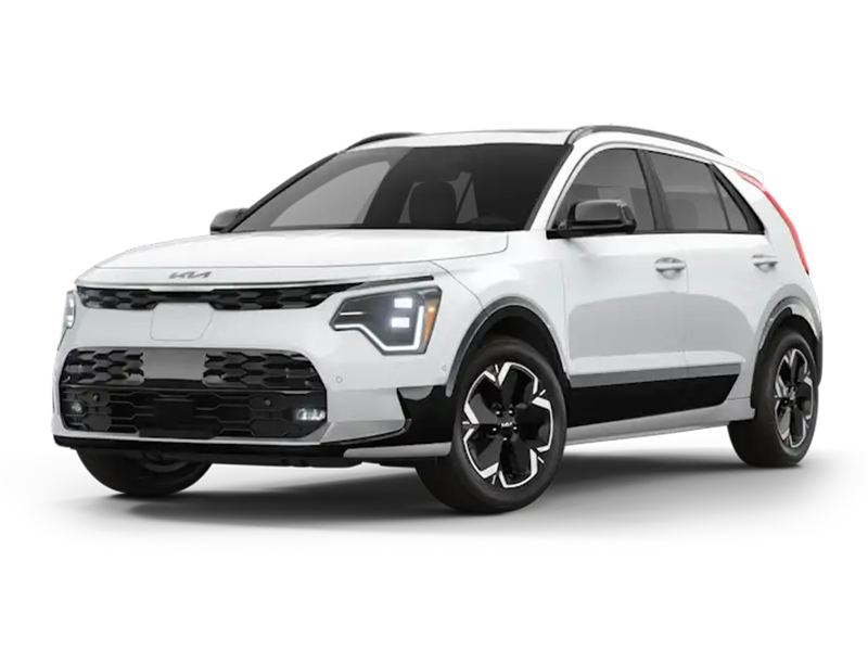 White Kia SUV with black trim, modern LED headlights, and distinctive wheel design, shown in a three-quarter front view.