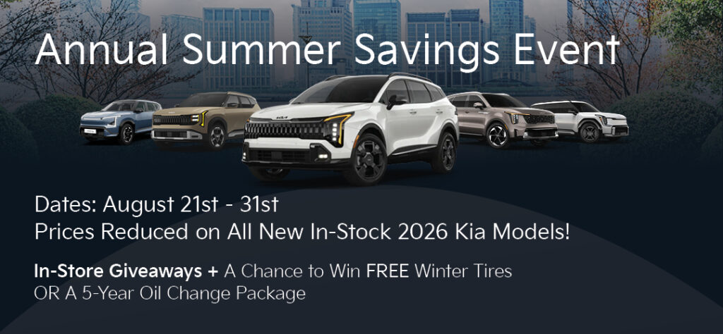 Five 2026 Kia SUV models displayed with promotional text for the Annual Summer Savings Event, August 21-31, featuring price reductions.